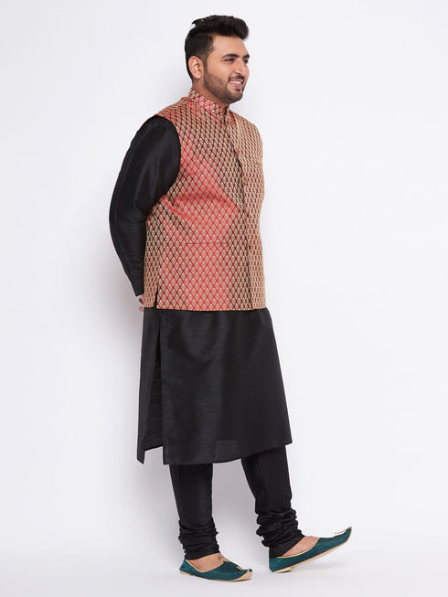 Vastramay Men's Plus Size Maroon Woven Nehru Jacket With Black Kurta And Pyjama Set